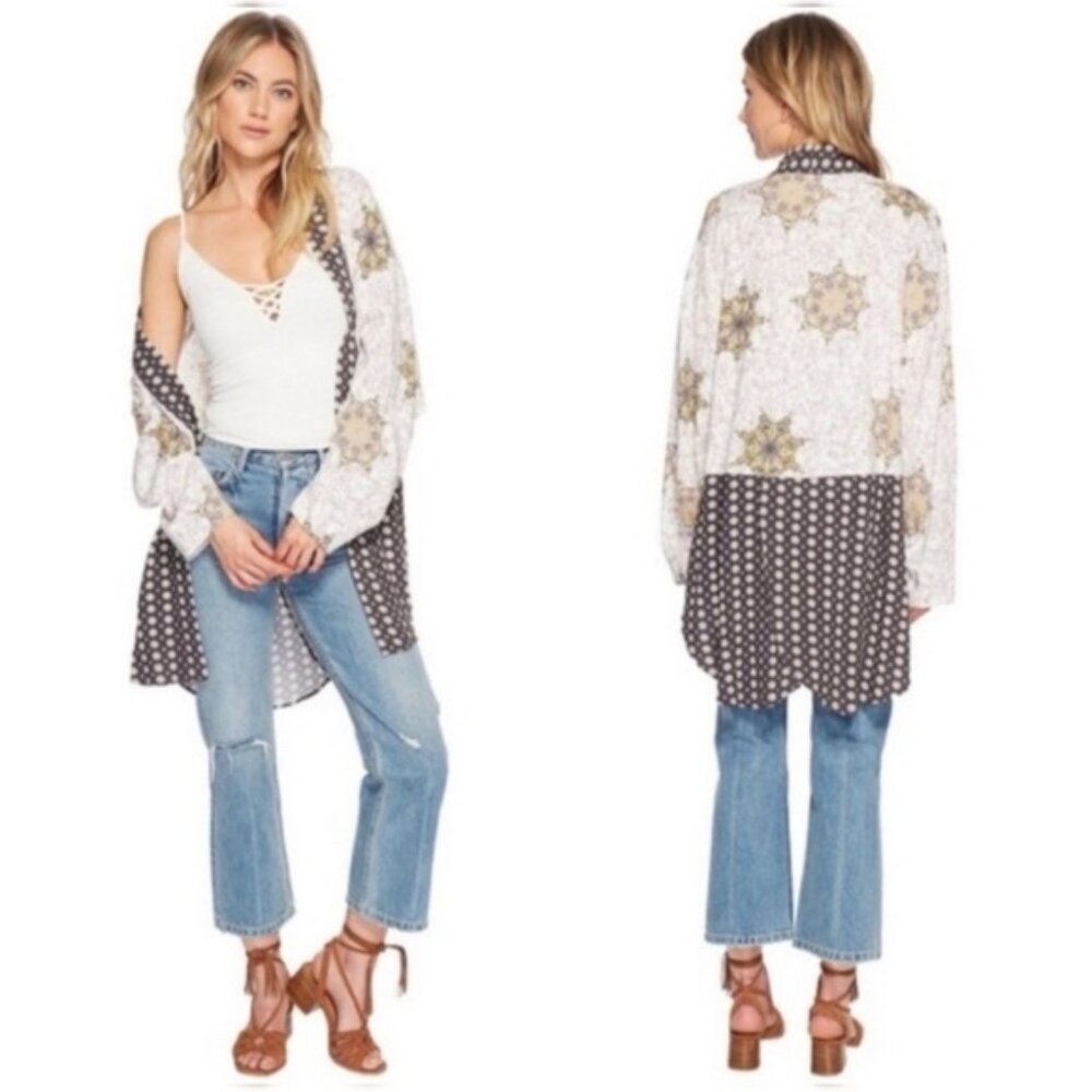 Free People Forget Me Knot Mixed Print Open Front Versatile Kimono Topper XS